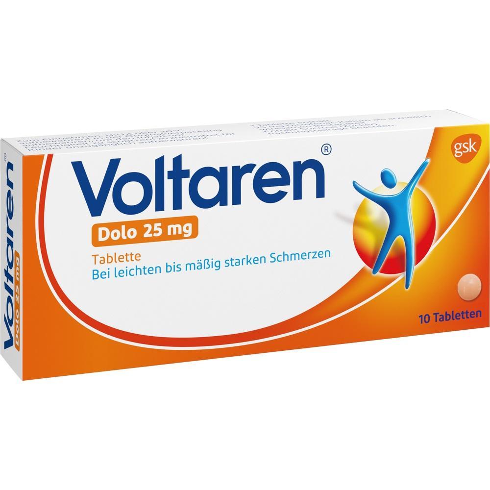 Wei&szlig;e Packung mit der Aufschrift "Voltaren Dolo 25 mg" und einem bunten Symbol.