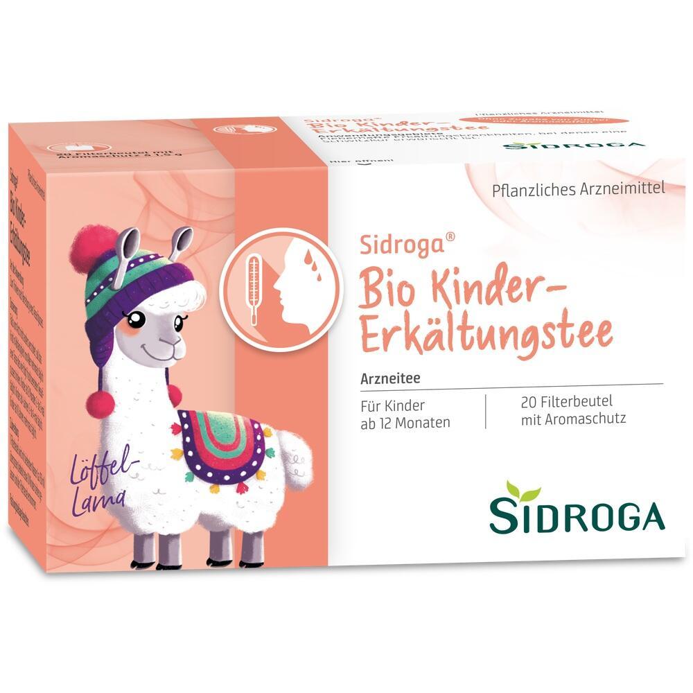 Auf der Schachtel ist ein buntes Lama f&uuml;r Sidroga Bio Kinder-Erk&auml;ltungstee abgebildet.