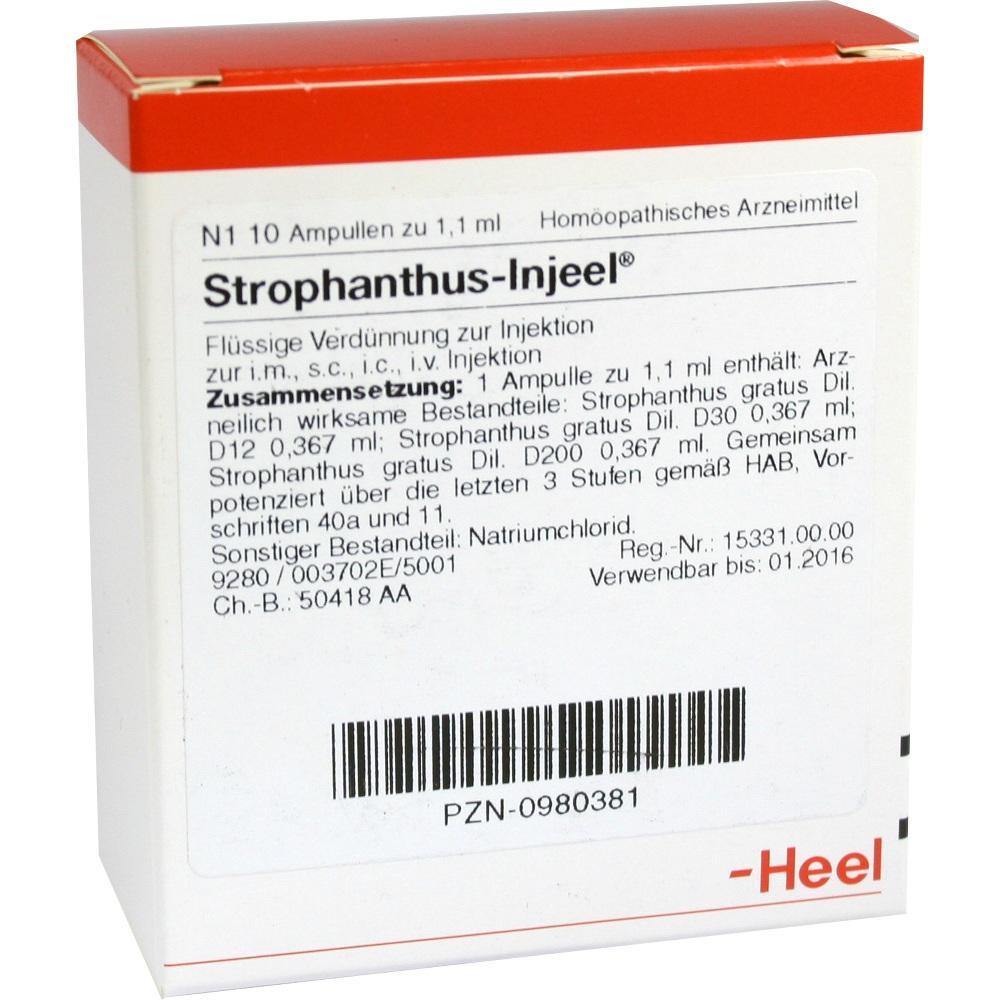 Eine Packung mit hom&ouml;opathischen Strophanthus-Injeel-Ampullen zur Injektion.