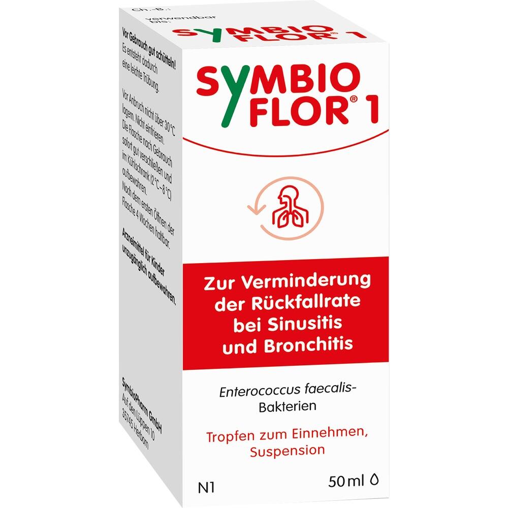 Wei&szlig;e Verpackung der Symbioflor 1 Tropfen gegen Sinusitis und Bronchitis.