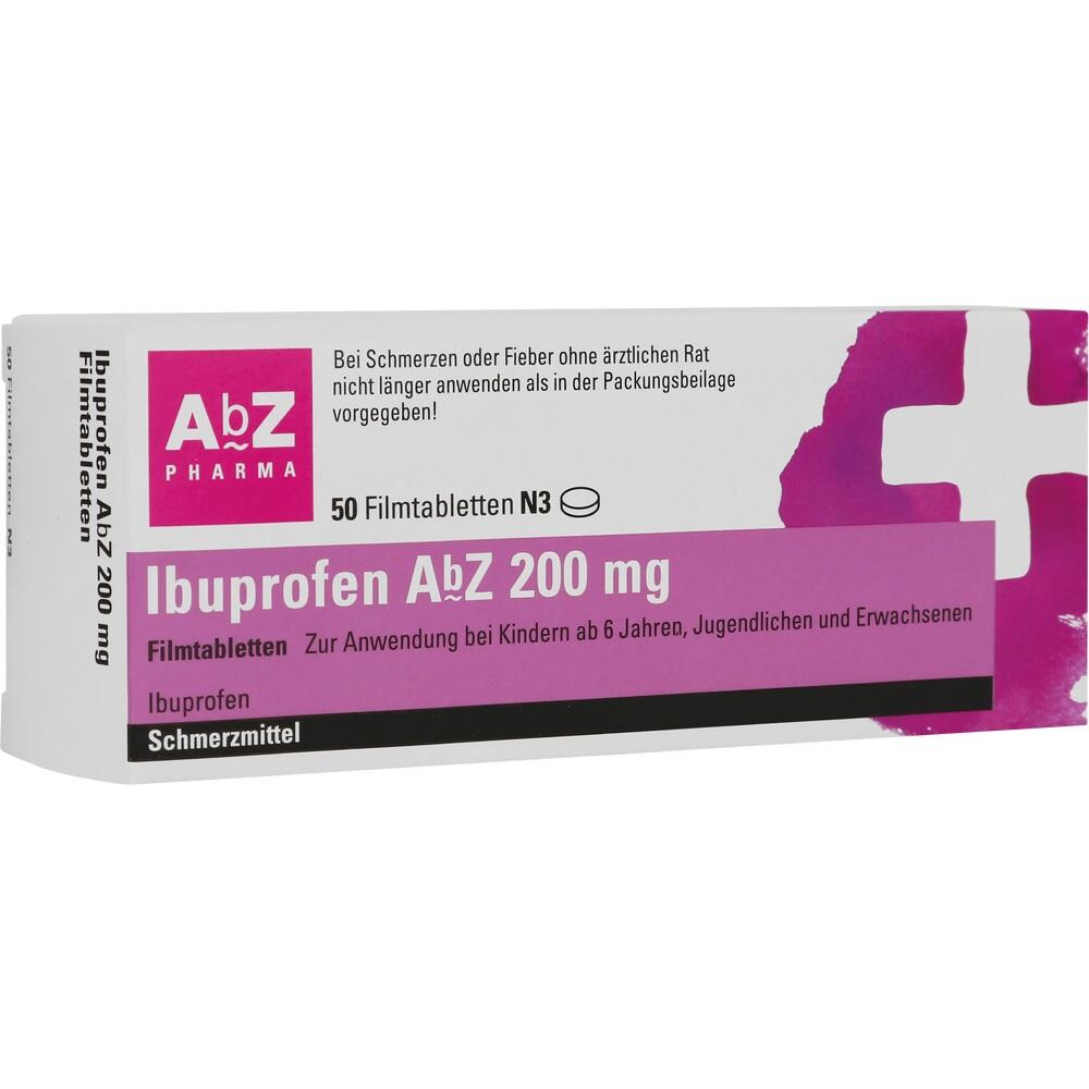 Wei&szlig;e Schachtel mit lila Aufdruck: Ibuprofen AbZ 200 mg Filmtabletten.
