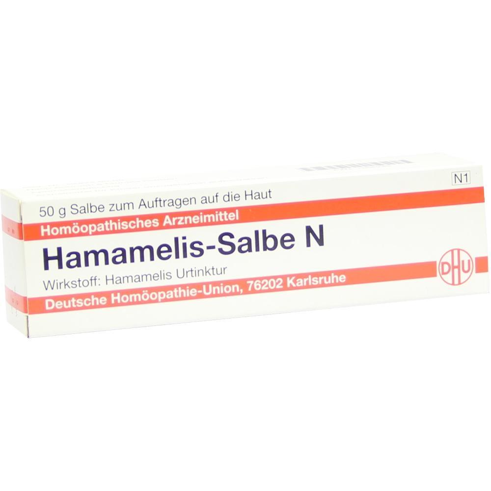 Eine wei&szlig;e Tube mit roter Aufschrift "Hamamelis-Salbe N".