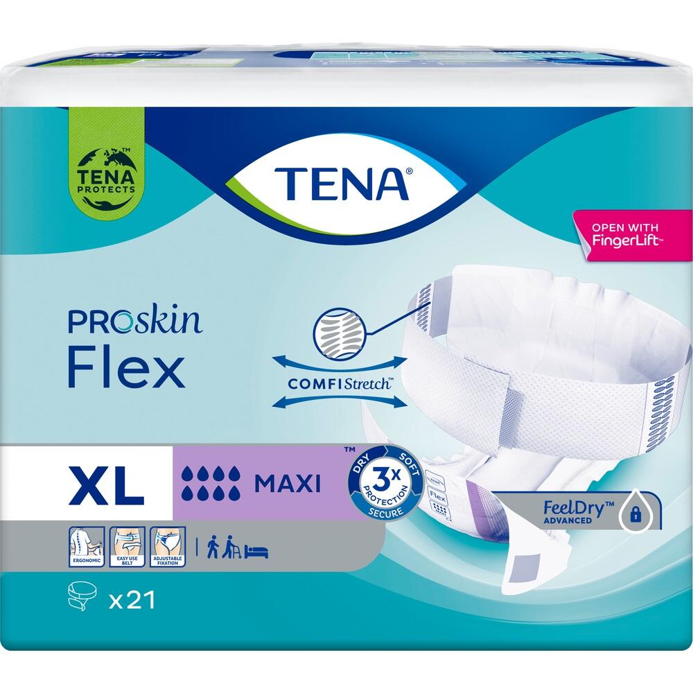 Packung von TENA Proskin Flex Windeln in Gr&ouml;&szlig;e XL mit einem Beispielfoto der Windel.