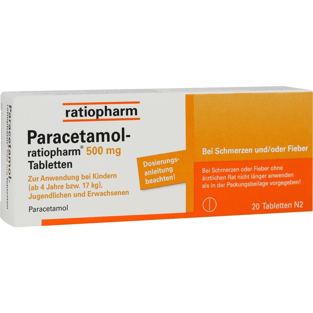 Packung Paracetamol-Tabletten f&uuml;r Fieber und Schmerzen, 500 mg, 20 St&uuml;ck.
