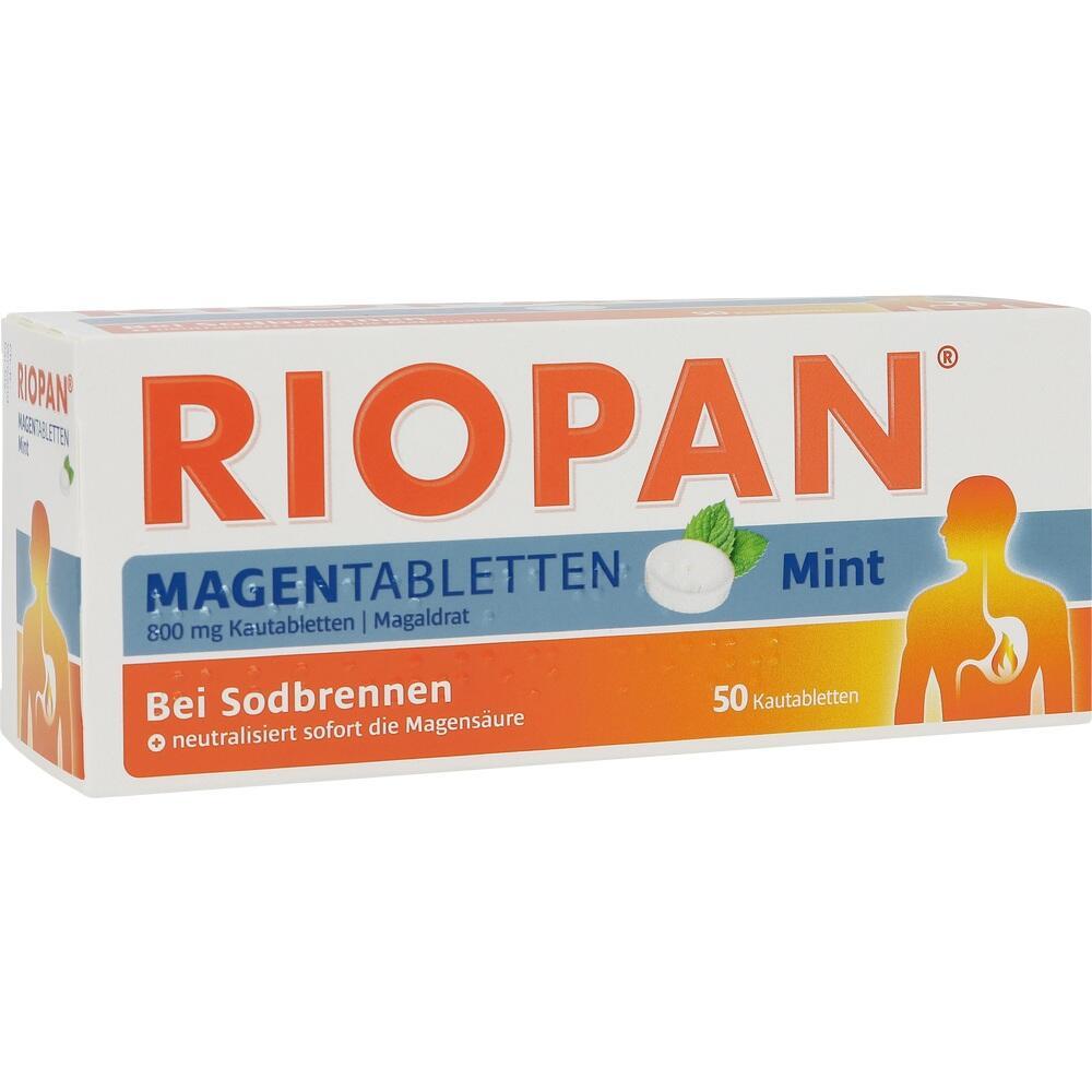 Verpackung von Riopan Magentabletten gegen Sodbrennen, mit Minzgeschmack.