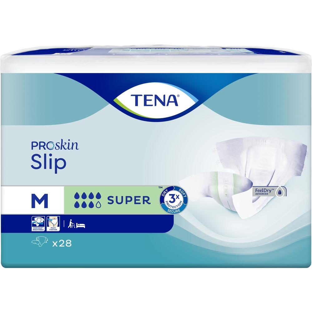 Verpackung von TENA ProSkin Slip Windeln in Gr&ouml;&szlig;e M, 28 St&uuml;ck, f&uuml;r extra Schutz.