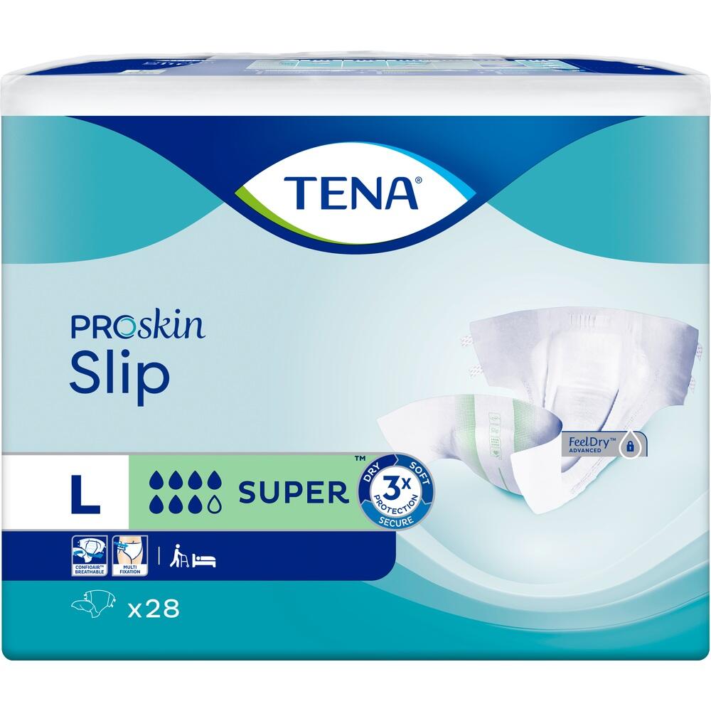 Eine Packung TENA Proskin Slip Windeln in Gr&ouml;&szlig;e L, mit blauen und gr&uuml;nen Details.