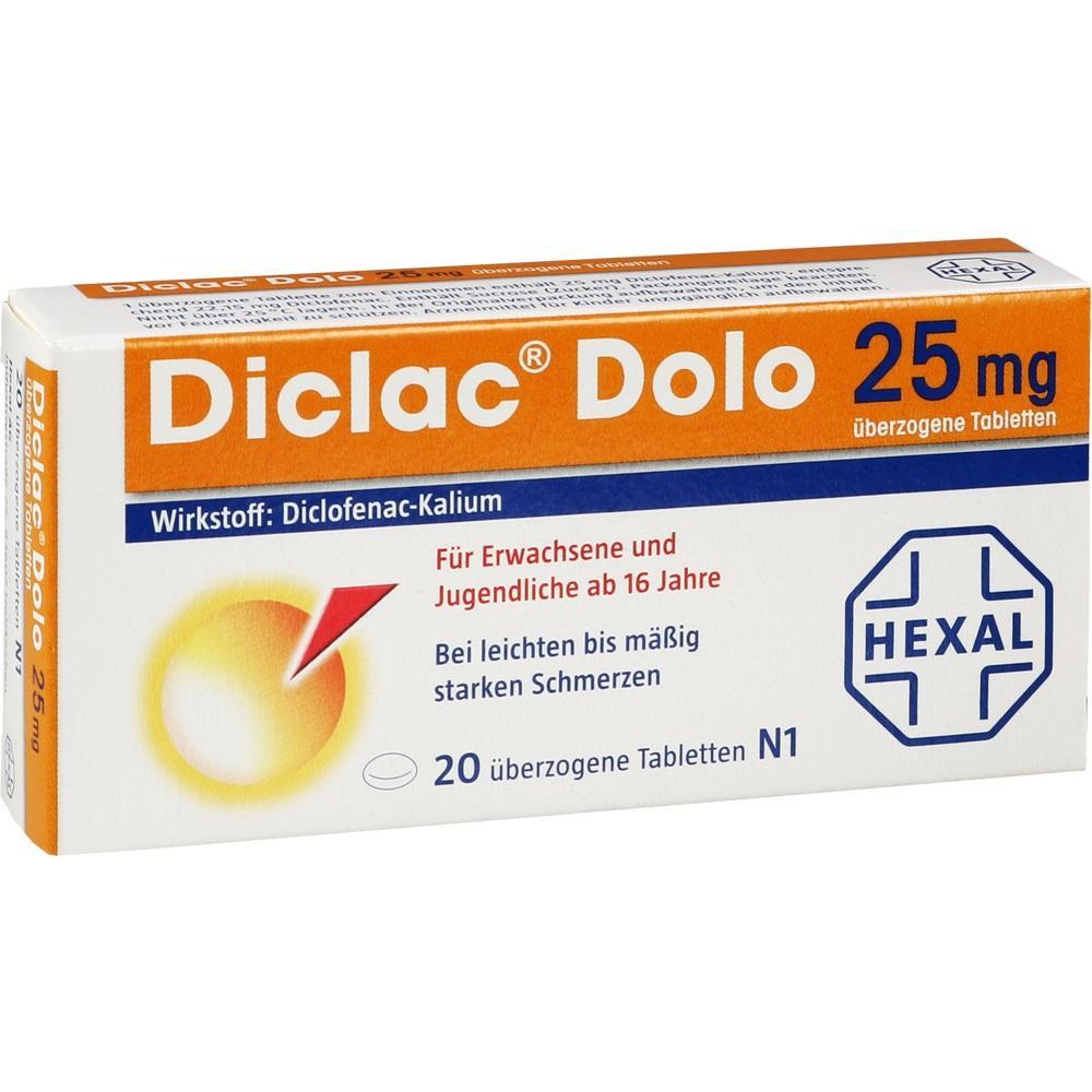Eine Schachtel Diclac Dolo Tabletten f&uuml;r Schmerzen ab 16 Jahren.