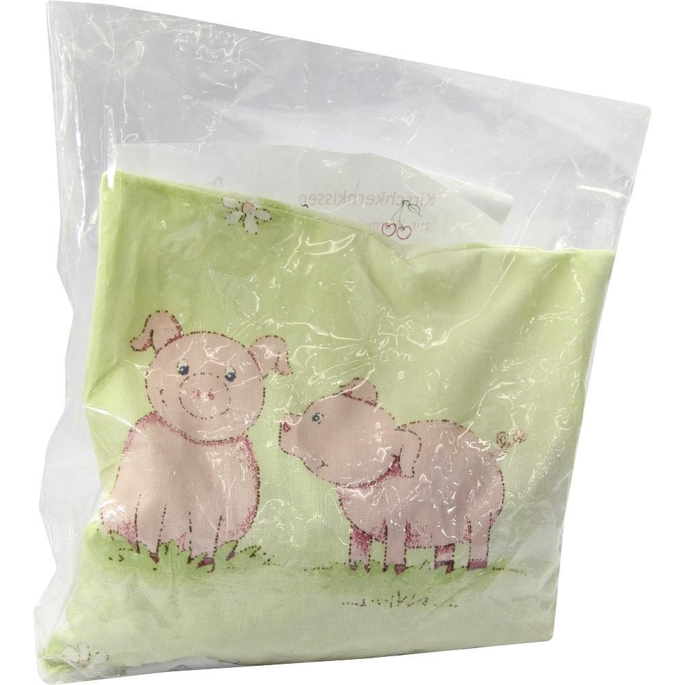 Zwei gemalte Schweinchen auf einem gr&uuml;nen Stoff im Plastikbeutel.