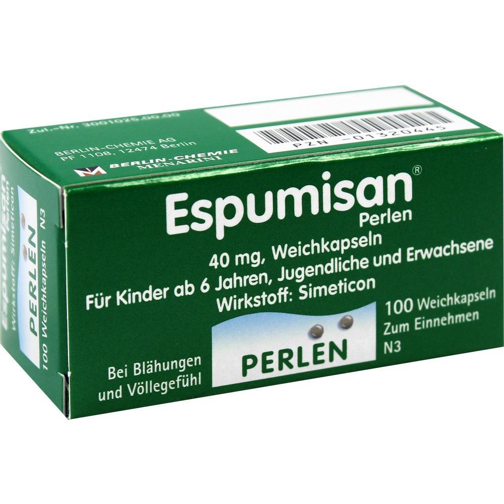 Eine Packung Espumisan-Perlen gegen Bl&auml;hungen und V&ouml;llegef&uuml;hl.