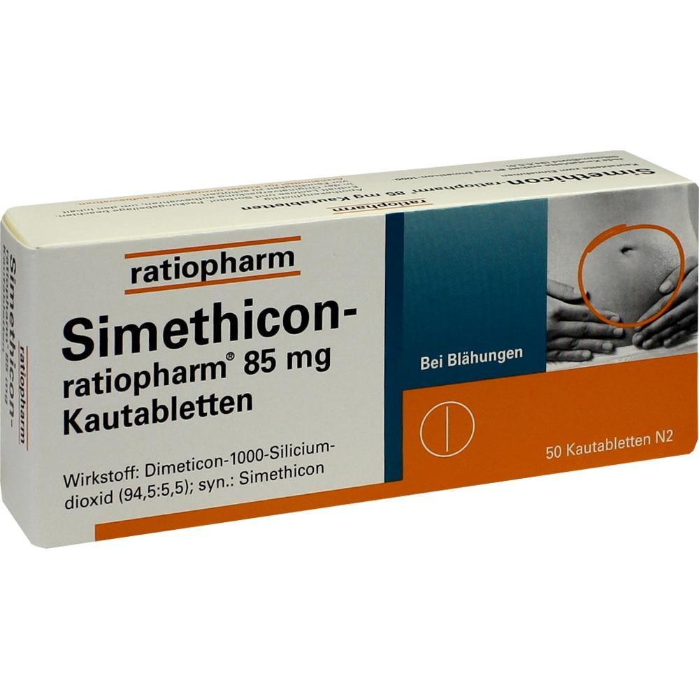Packung von Kautabletten "Simethicon-ratiopharm" gegen Bl&auml;hungen.