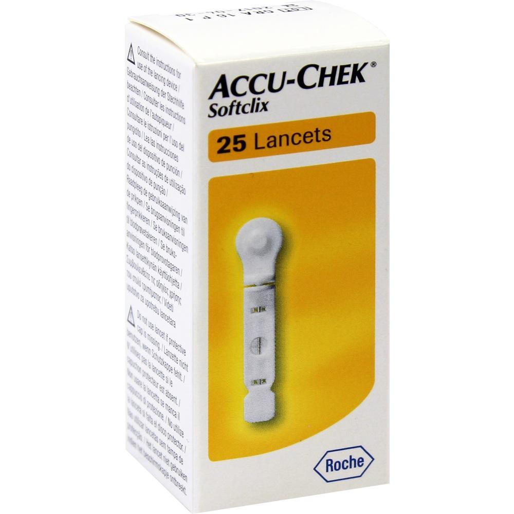 Eine gelbe Packung mit 25 Accu-Chek Softclix Lanzetten.