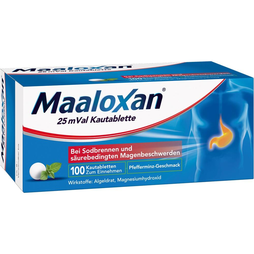 Verpackung von Maaloxan Kautabletten gegen Sodbrennen im Pfefferminz-Geschmack.