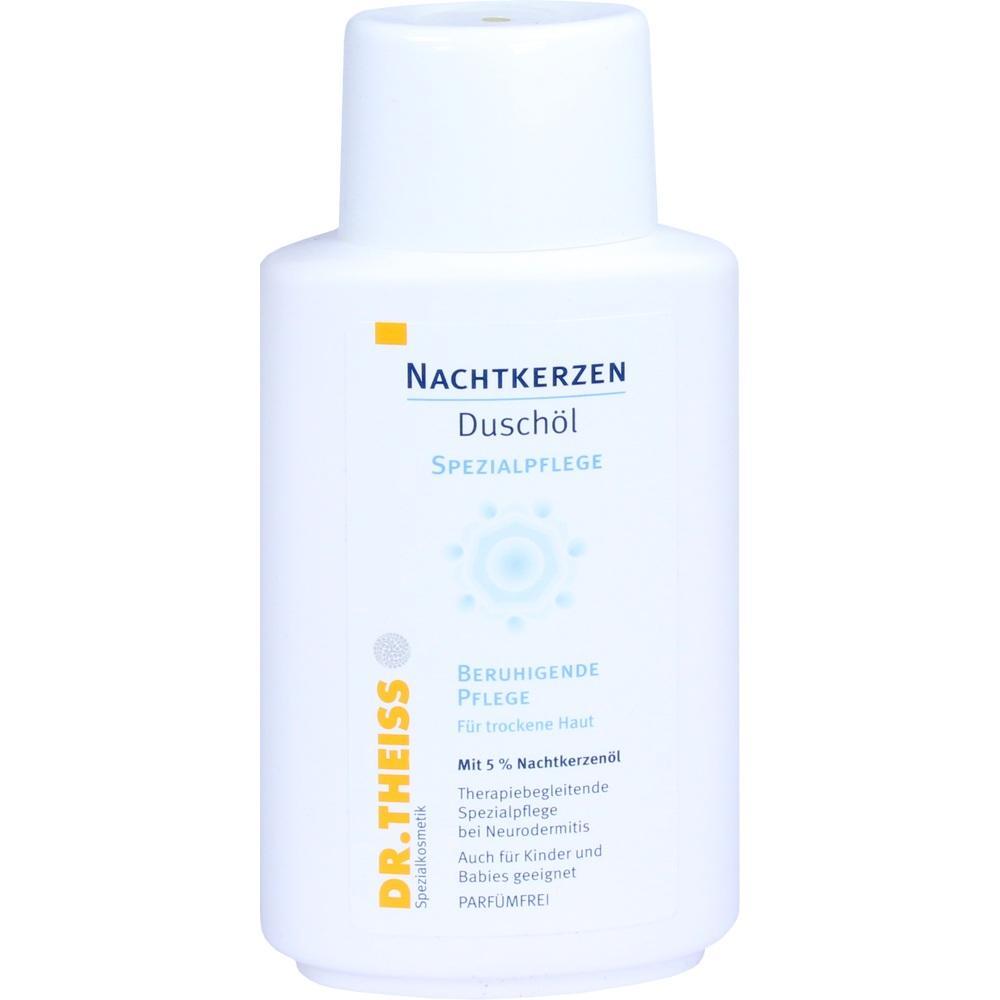 Wei&szlig;e Flasche mit Nachtkerzen-Dusch&ouml;l zur Pflege trockener Haut.