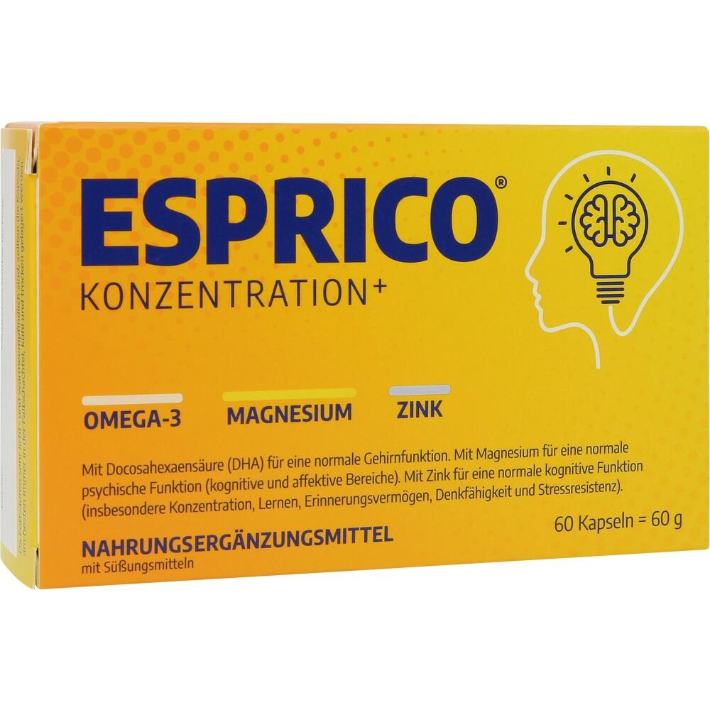Gelbe Verpackung von Esprico, einem Nahrungsergänzungsmittel mit Omega-3, Magnesium und Zink.