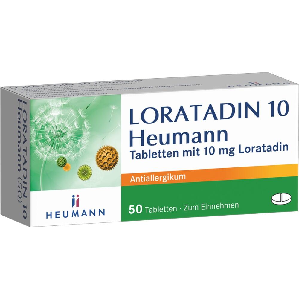 Packung mit Loratadin-Tabletten gegen Allergien, 50 St&uuml;ck, von Heumann.