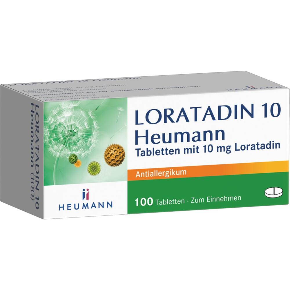 Die Verpackung zeigt Antiallergikum-Tabletten mit 10 mg Loratadin von Heumann.