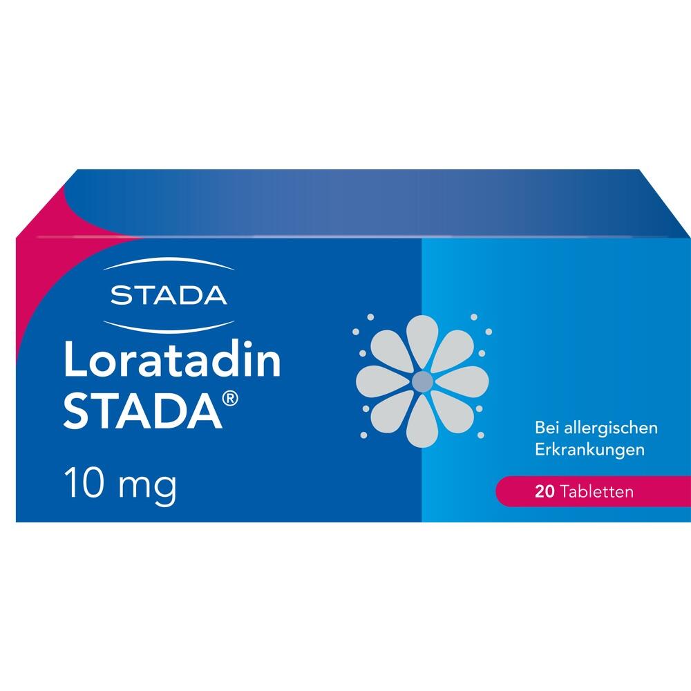 Blaue Medikamentenverpackung mit der Aufschrift "Loratadin STADA 10 mg".