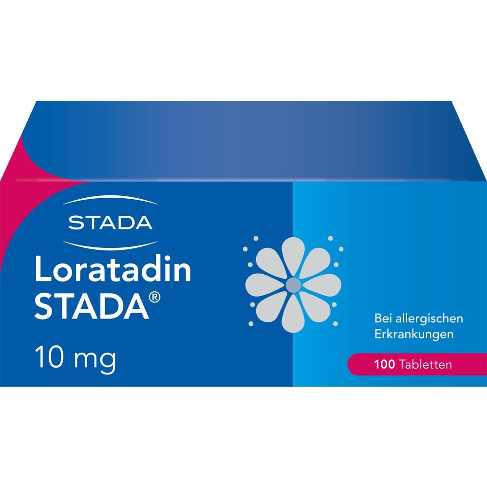 Blaue Medikamentenpackung mit der Aufschrift "Loratadin STADA" f&uuml;r Allergien.