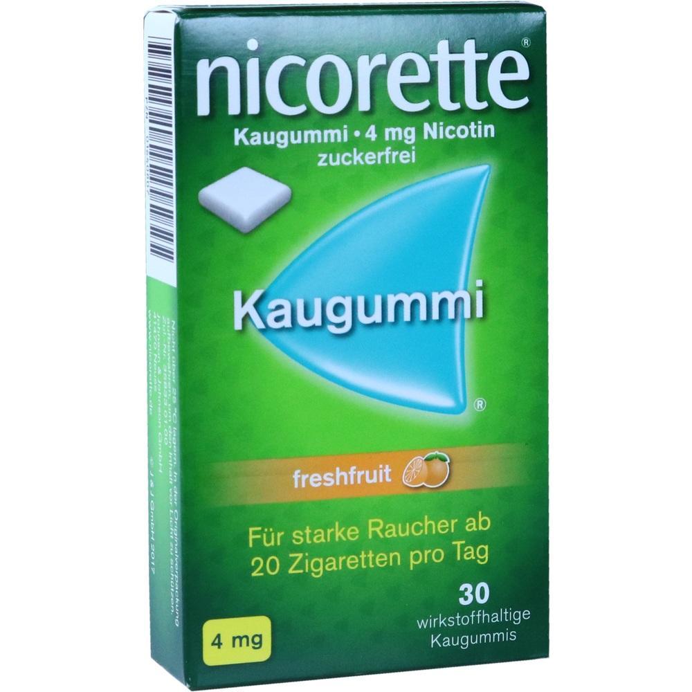 Grüne Packung von Nicorette-Nikotin-Kaugummi für starke Raucher mit Fruchtgeschmack.