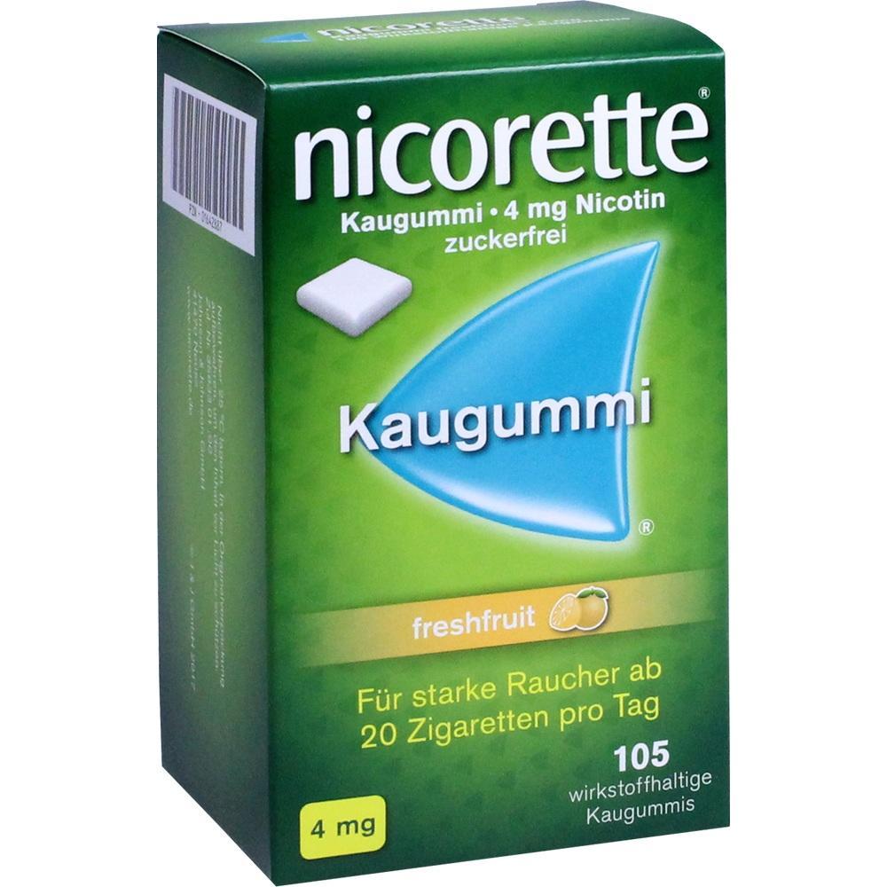 Grüne Verpackung von Nicorette-Kaugummi mit 4 mg Nikotin und Freshfruit-Geschmack.