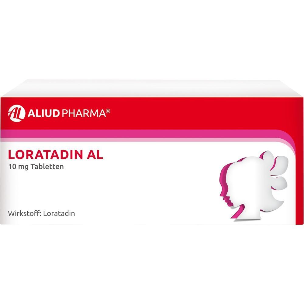 Verpackung von Loratadin AL Tabletten mit rotem und wei&szlig;em Design.
