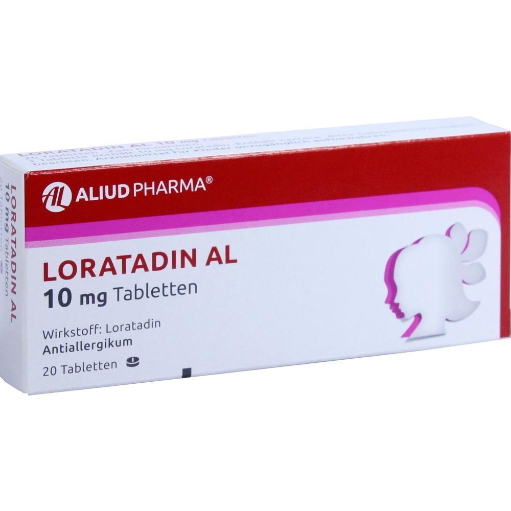 Rote und weiße Medikamentenpackung mit der Aufschrift "Loratadin AL 10 mg Tabletten".