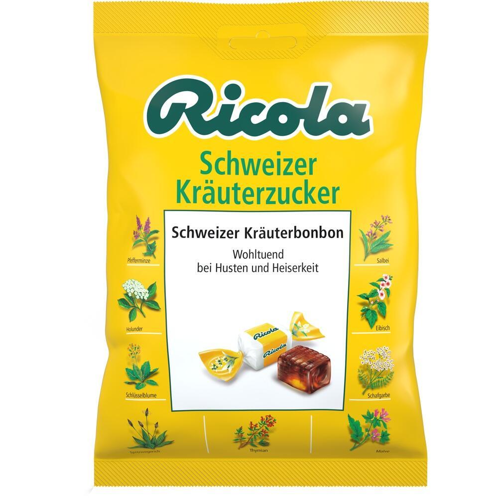 Gelbe T&uuml;te mit Ricola Schweizer Kr&auml;uterzucker gegen Husten.