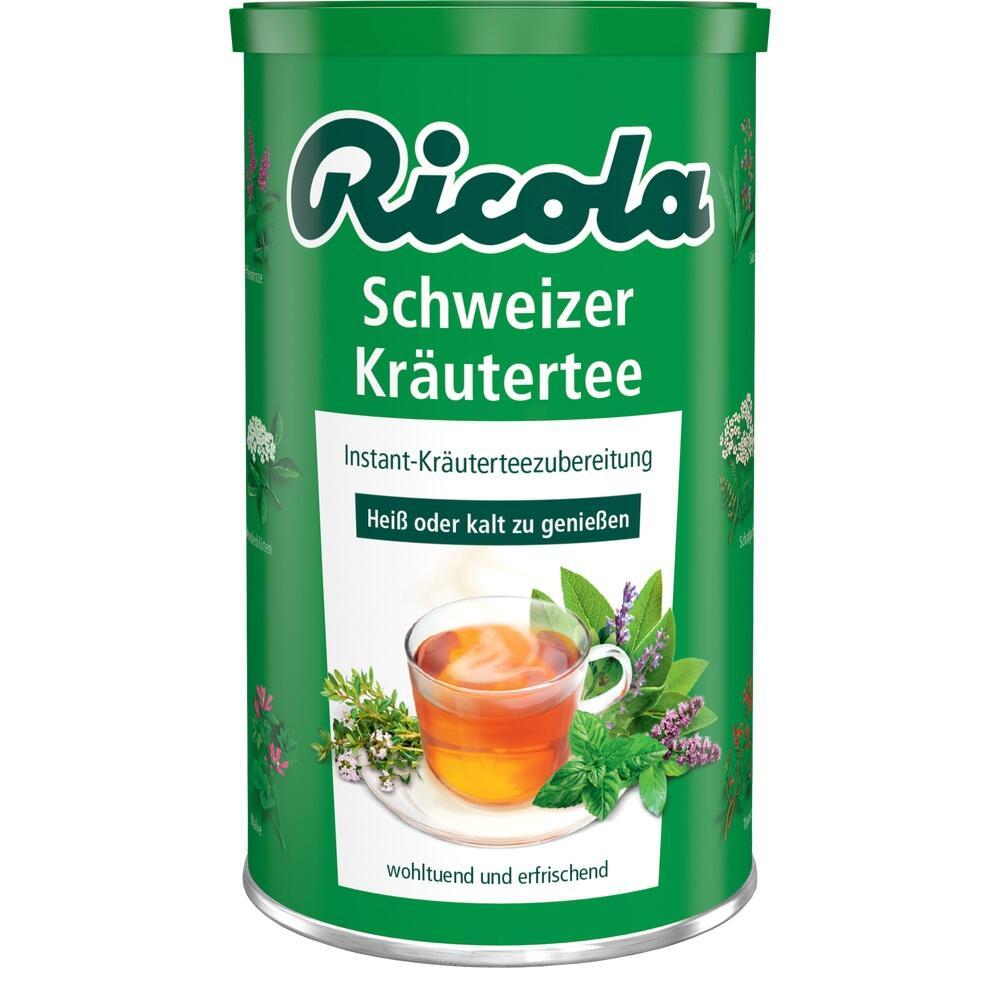 Gr&uuml;ne Dose mit Instant-Kr&auml;utertee von Ricola, zeigt eine Tasse Tee und Kr&auml;uter.