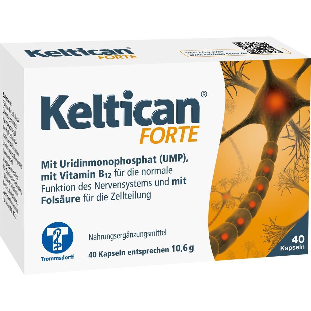 Packung von Keltican Forte mit Informationen zu Inhaltsstoffen und 40 Kapseln.