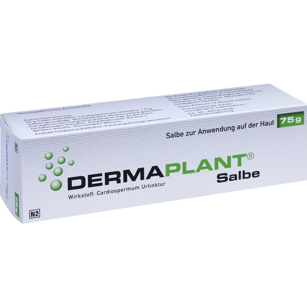 Eine wei&szlig;e Box mit der Aufschrift "Dermaplant Salbe" und "75g".