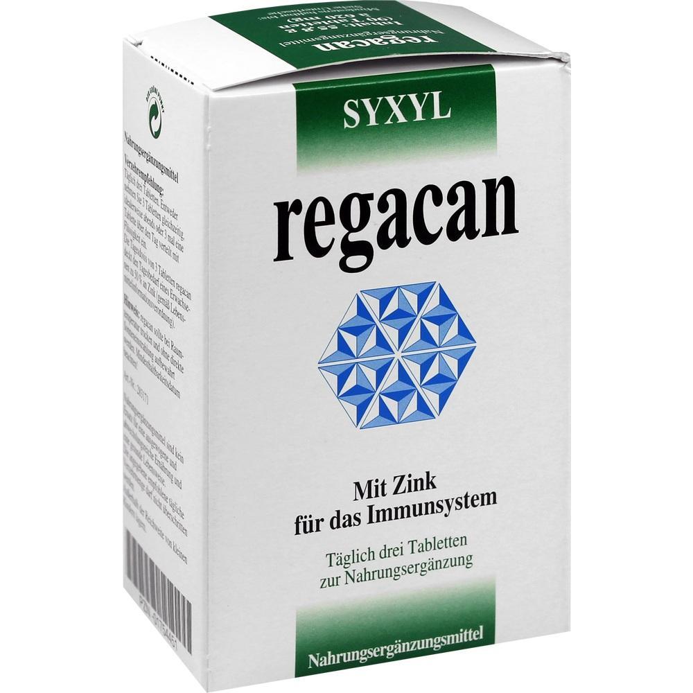 Wei&szlig;e Packung mit der Aufschrift "regacan" und einem blauen Muster.