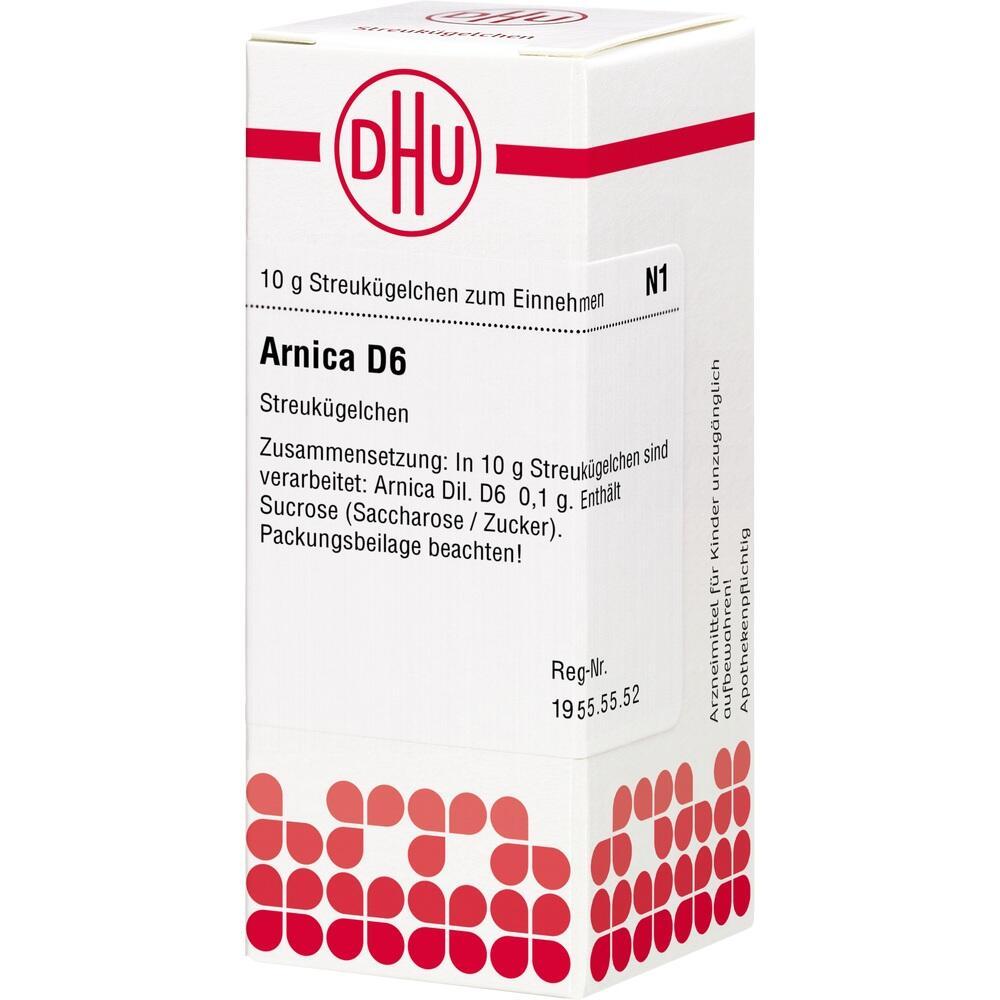 Wei&szlig;e Verpackung mit rotem Logo f&uuml;r Arnica D6 Streuk&uuml;gelchen.