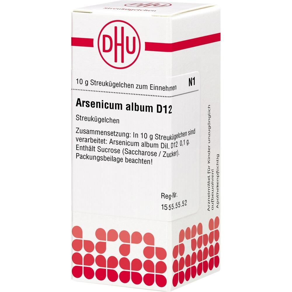 Vor einer wei&szlig;en Verpackung stehen Streuk&uuml;gelchen mit der Aufschrift "Arsenicum album D12".