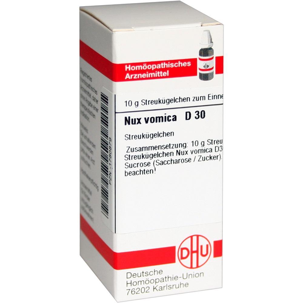 Wei&szlig;e Verpackung von hom&ouml;opathischen Nux vomica D 30 Streuk&uuml;gelchen.