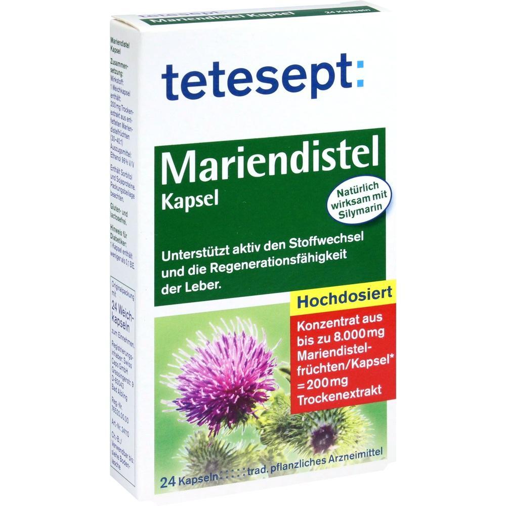 Verpackung einer Mariendistel-Kapsel mit Bild einer lila Bl&uuml;te.