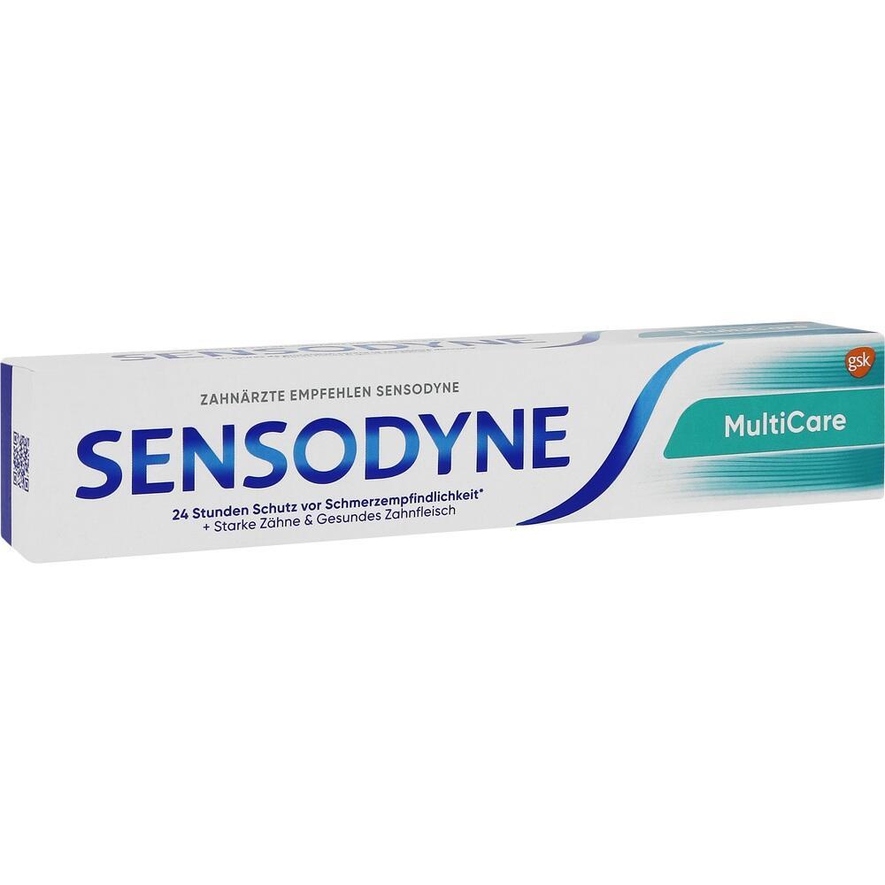Eine Zahnpastatube der Marke Sensodyne MultiCare in einer wei&szlig;en Schachtel.