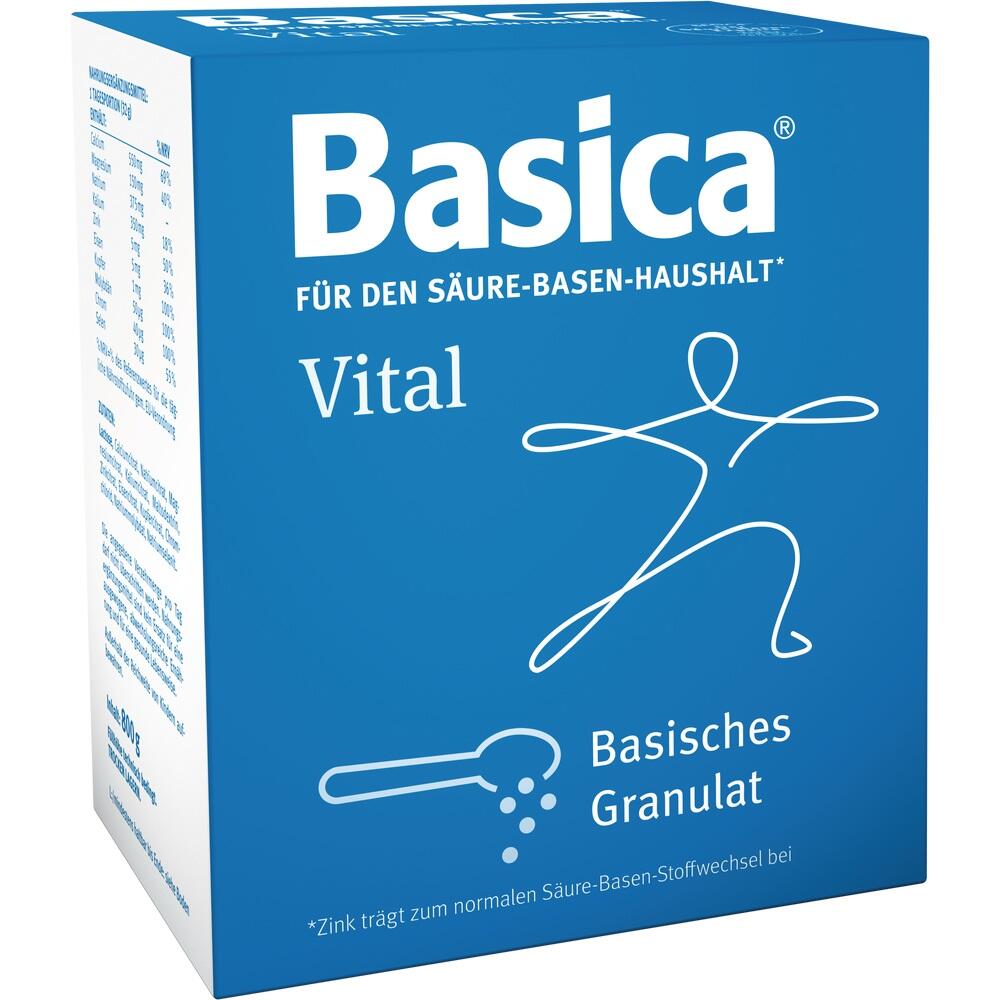 Blaue Packung mit der Aufschrift "Basica Vital, Basisches Granulat".