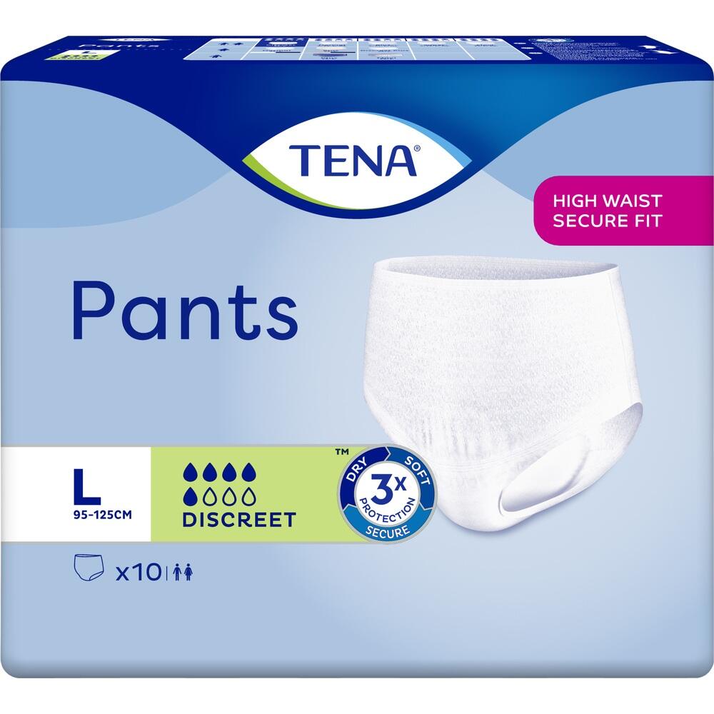 Packung von TENA Pants in Gr&ouml;&szlig;e L mit Abbildung einer wei&szlig;en Einweghose.