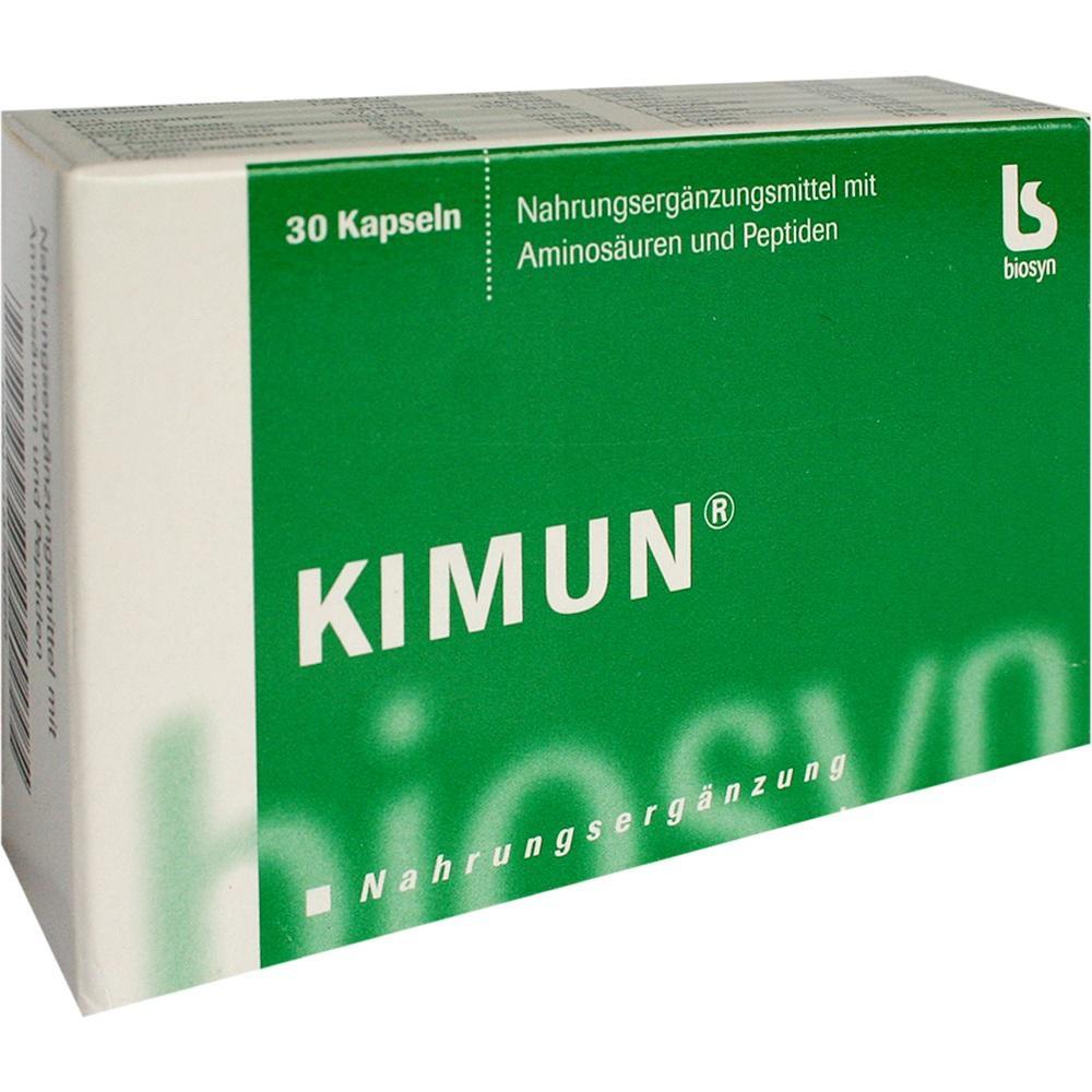 Gr&uuml;ne Verpackung mit der Aufschrift "KIMUN", ein Nahrungserg&auml;nzungsmittel.