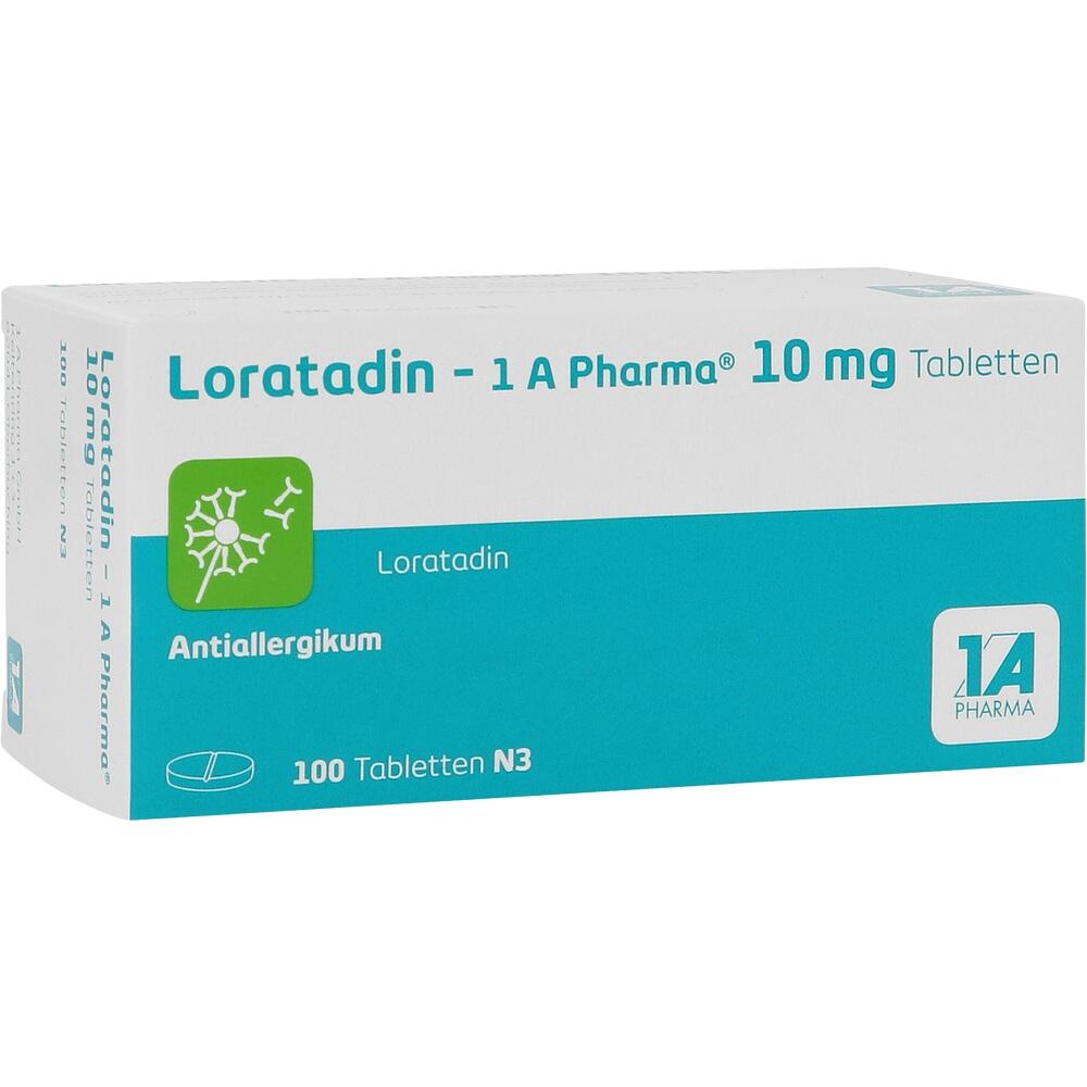Schachtel mit 100 Tabletten gegen Allergien, Loratadin 10 mg.