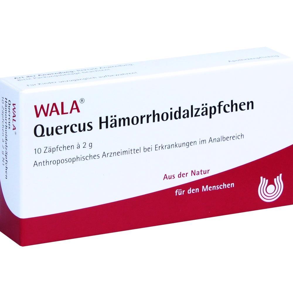 Packung mit Quercus H&auml;morrhoidalz&auml;pfchen von WALA zur Behandlung von Analerkrankungen.