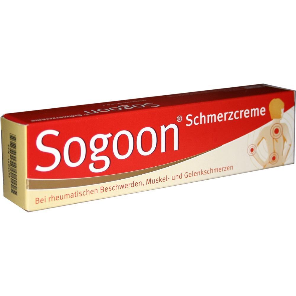 Eine rote Schachtel mit der Aufschrift "Sogoon Schmerzcreme" gegen Muskelschmerzen.