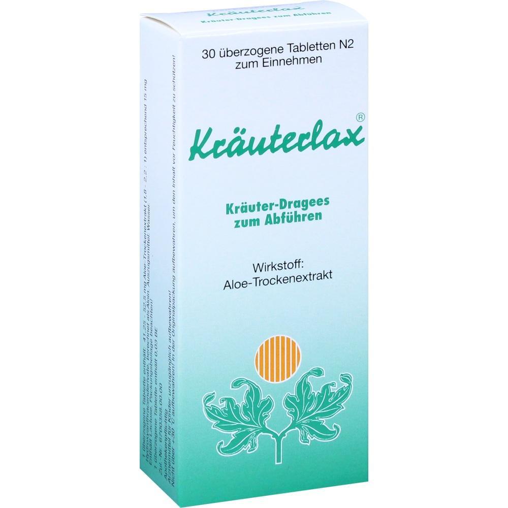 Wei&szlig;e Verpackung von Kr&auml;uter-Abf&uuml;hrtabletten mit Aloe-Extrakt als Wirkstoff.