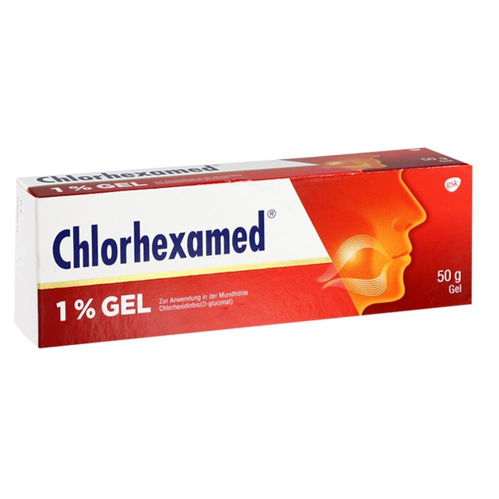 Rote Verpackung mit der Aufschrift "Chlorhexamed 1% Gel".