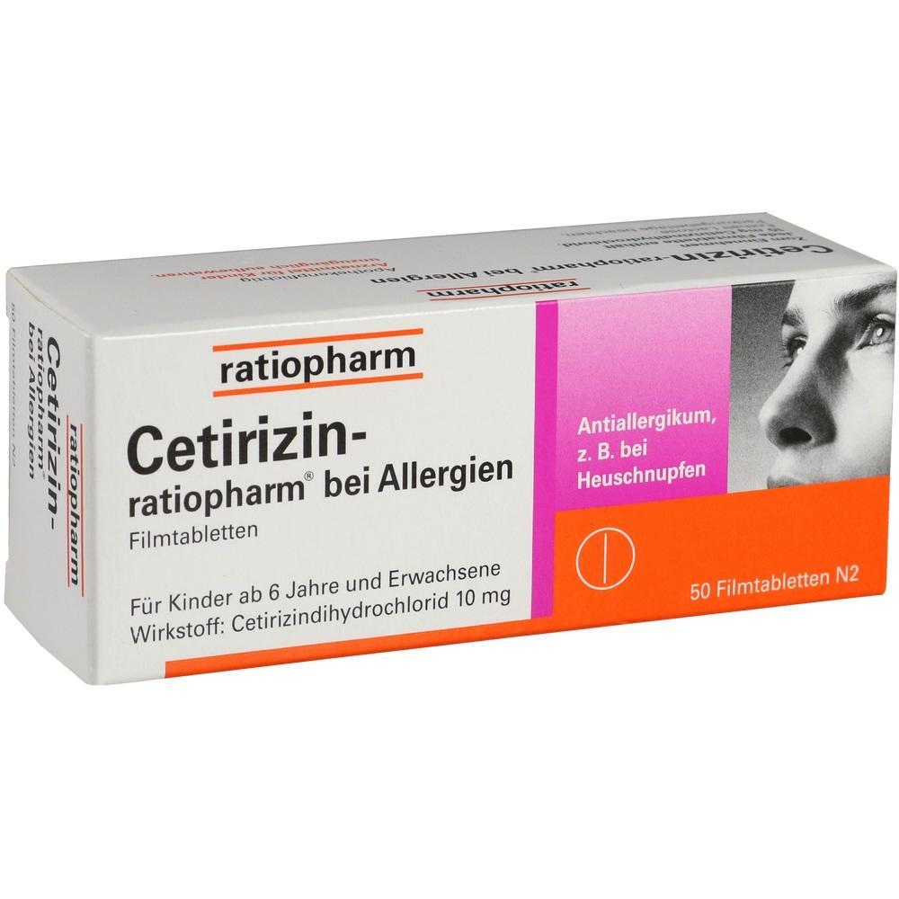 Eine wei&szlig;e Medikamentenschachtel f&uuml;r Cetirizin bei Allergien.