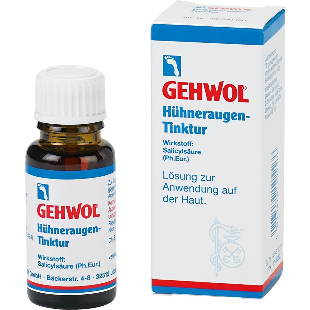 Eine Flasche und Packung von Gehwol H&uuml;hneraugen-Tinktur zur Hautanwendung.