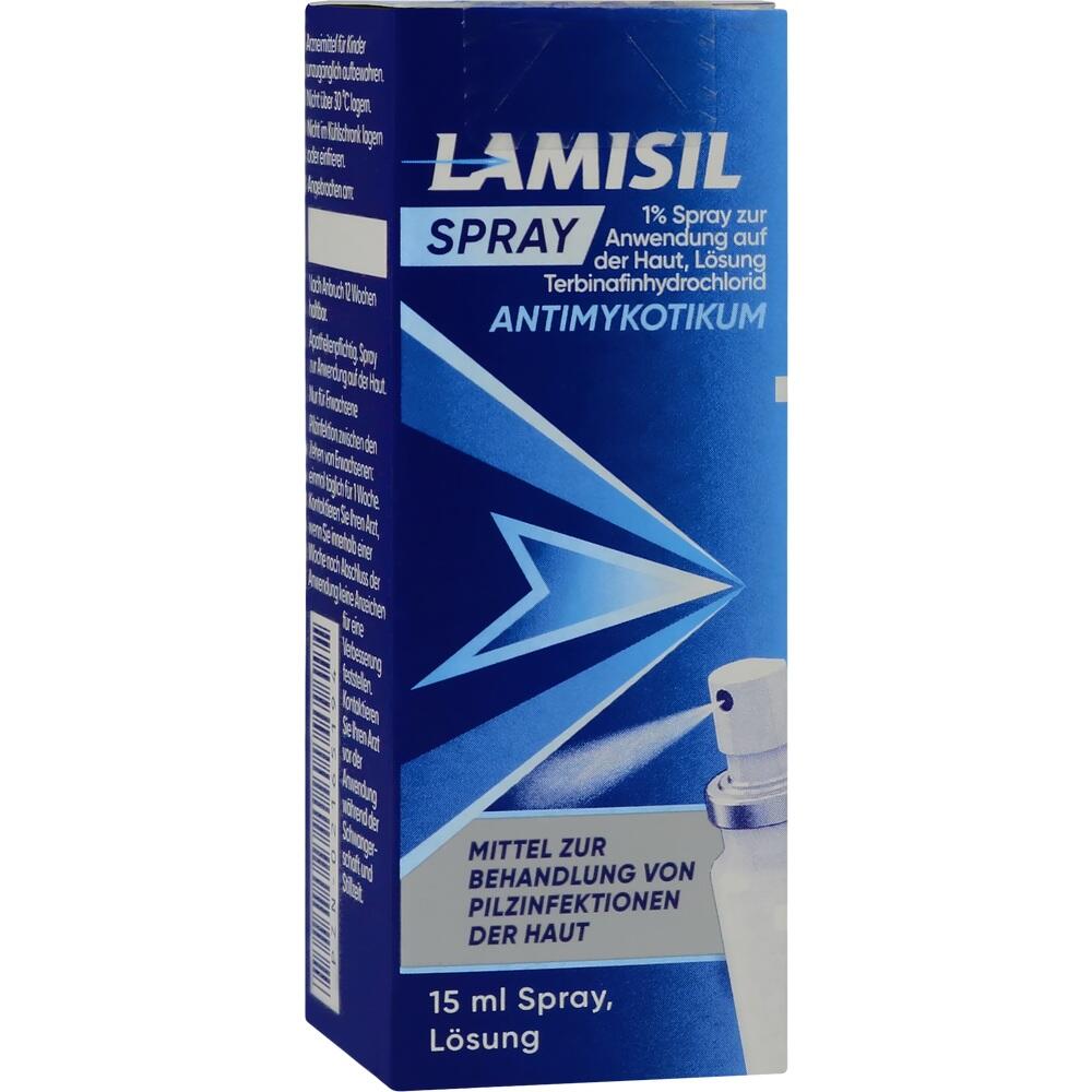 Eine blaue Packung Lamisil Spray gegen Pilzinfektionen der Haut.
