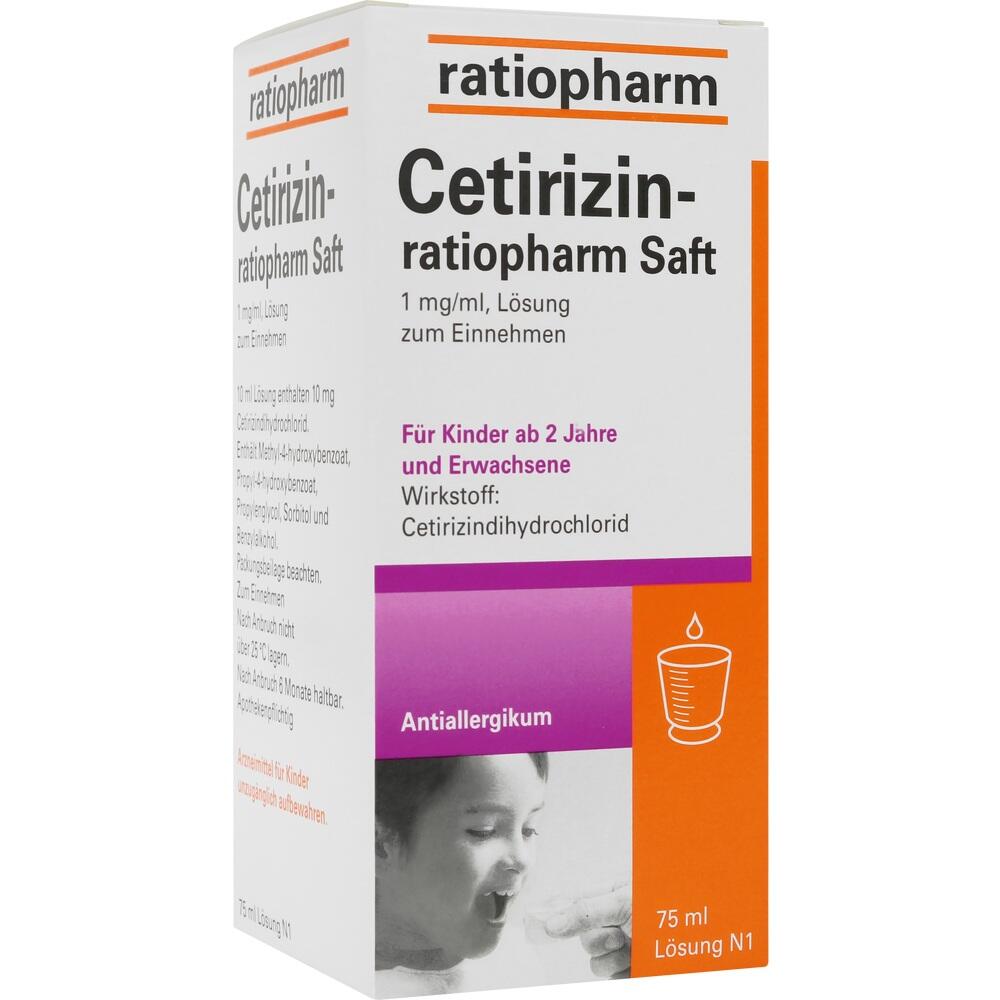 Orangene Medikamentenverpackung f&uuml;r Cetirizin-Saft von Ratiopharm, geeignet ab 2 Jahren.