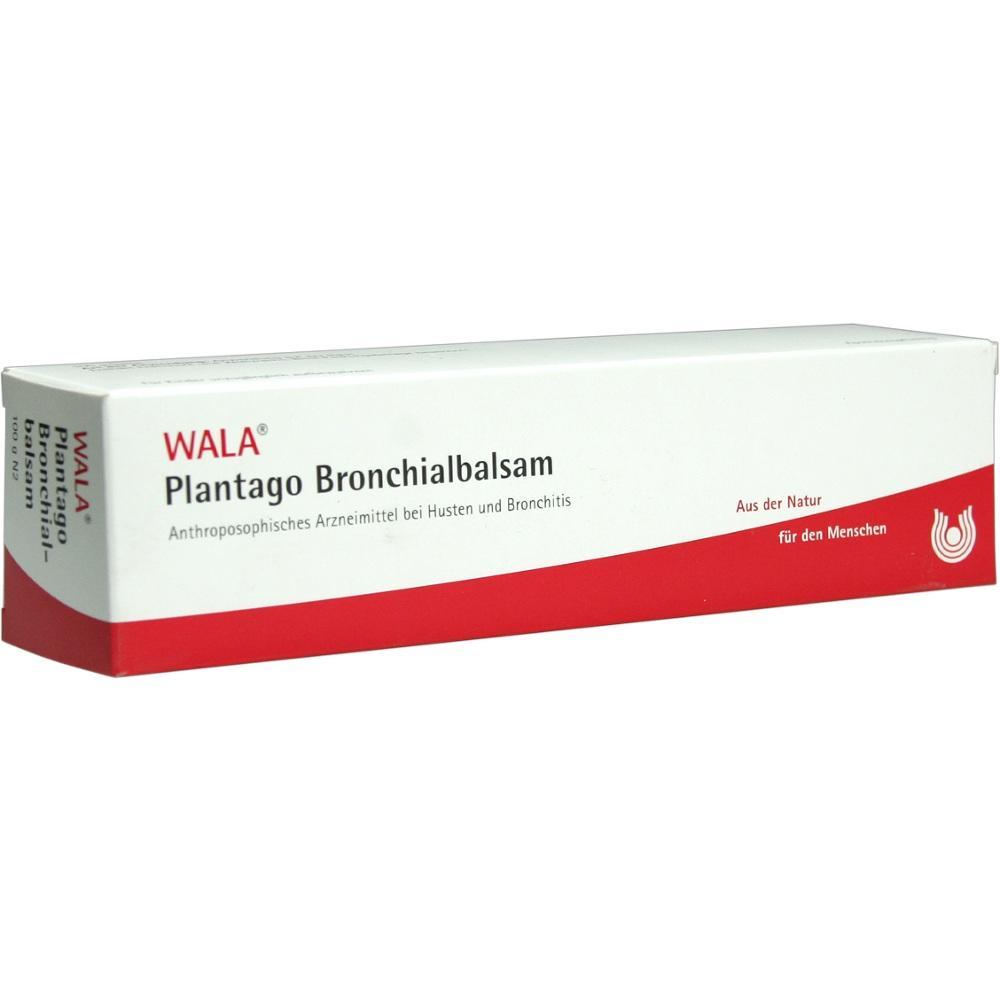 Eine wei&szlig;e Schachtel mit der Aufschrift "Plantago Bronchialbalsam".